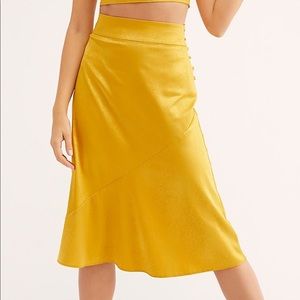 Free People Yellow Silky Midi Skirt L